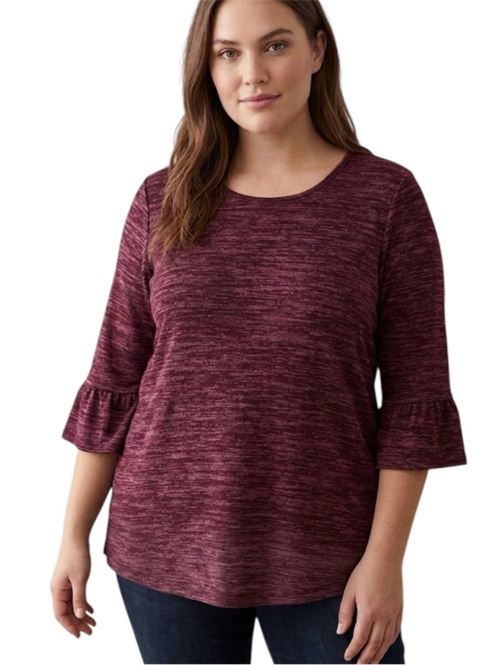 Pure Essence Heathered Burgundy 3/4 Ruffle Sleeve Hi Low Top Size Xlarge